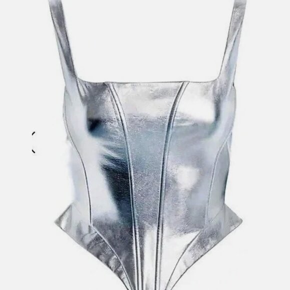 Naked Wardrobe Silver Lace & Leather Corset Top, size Medium - Picture 1 of 7
